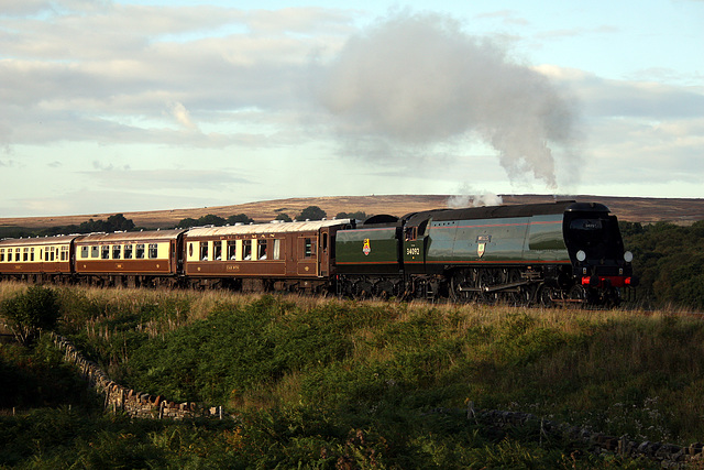 Southern Railway West Country Class 34092 WELLS at Moorgates with 17.05 Grosmont - Pickering Pullman Diner 25th September 2015