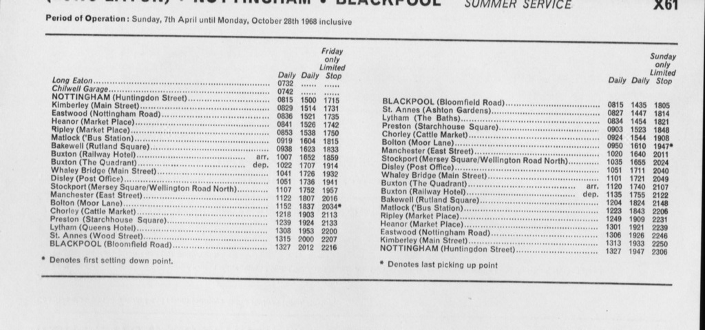 Barton Transport Nottingham-Blackpool service X61 - Summer timetable 1968