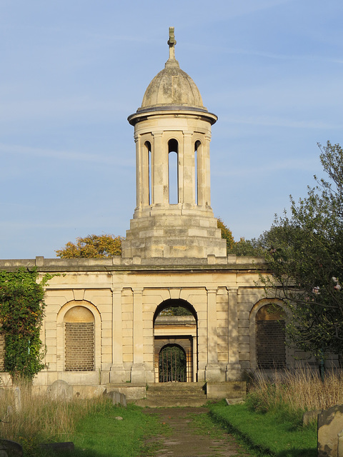 brompton cemetery, london,benjamin baud designed  the cemetery buildings erected in 1840-4, this tower is over one of the colonnades