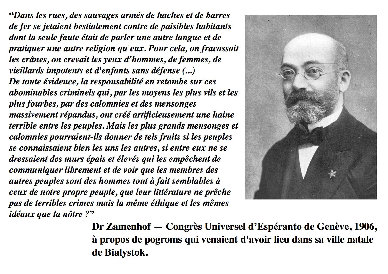 (FR — Zamenhof, Congrès Universel d'Espéranto de Genève, 1906, pogroms