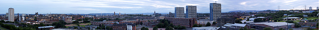 High resolution pan of Glasgow westwards from the iconic Speirs Wharf Building on the canal