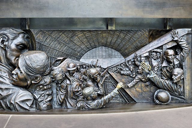 Oh, What a Lovely War – Frieze below the "Meeting Place" Statue, St Pancras Railway Station, Euston Road, London, England