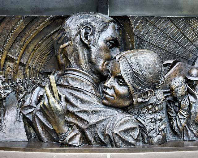 A Different Perspective – Frieze below the "Meeting Place" Statue, St Pancras Railway Station, Euston Road, London, England
