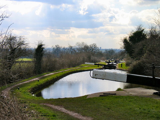 Looking south from Astwood Top Lock along the Astwood flight of locks on the Worcester and Birmingham Canal