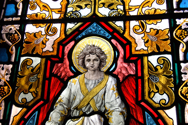 Detail of Stained Glass in Gallery, Christ Church, New Mill, Holmfirth, West Yorkshire