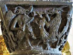 canterbury cathedral (18) mid c12 animal musician capital in st gabriel's chapel in the crypt