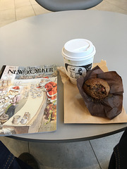 The New Yorker, a muffin and a coffee. A fine day at the library.