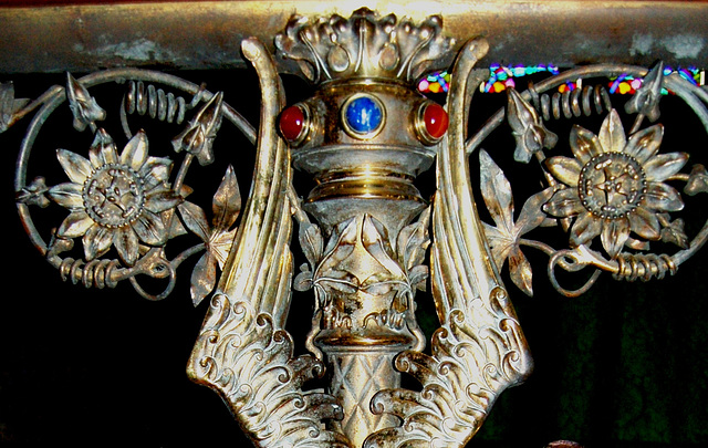 Detail of brass angel bracket, Altar Rail, Elford Church, Staffordshire