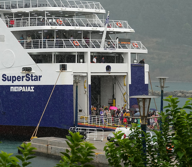 Seajets ferry docking in the rain