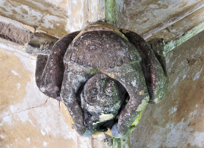 lacock abbey, wilts (129) acrobat, c15 cloister vaulting boss