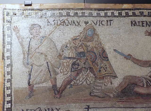 Detail of the Secutor vs. Retiarius Mosaic in the Archaeological Museum of Madrid, October 2022