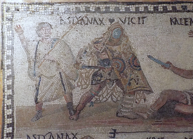 Detail of the Secutor vs. Retiarius Mosaic in the Archaeological Museum of Madrid, October 2022