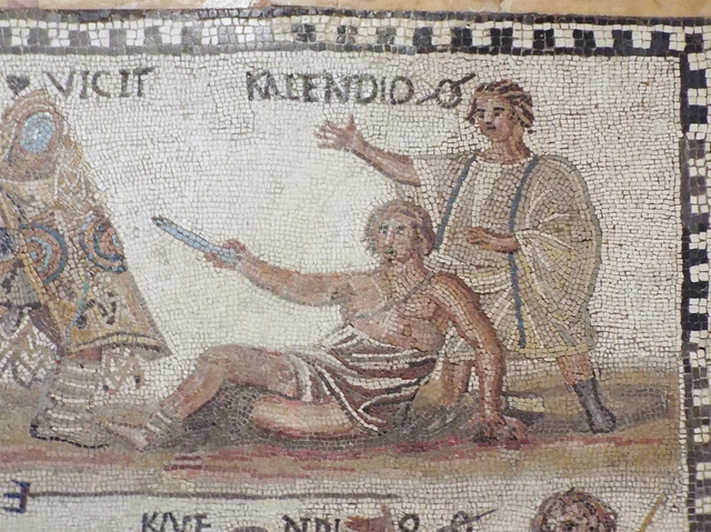 Detail of the Secutor vs. Retiarius Mosaic in the Archaeological Museum of Madrid, October 2022