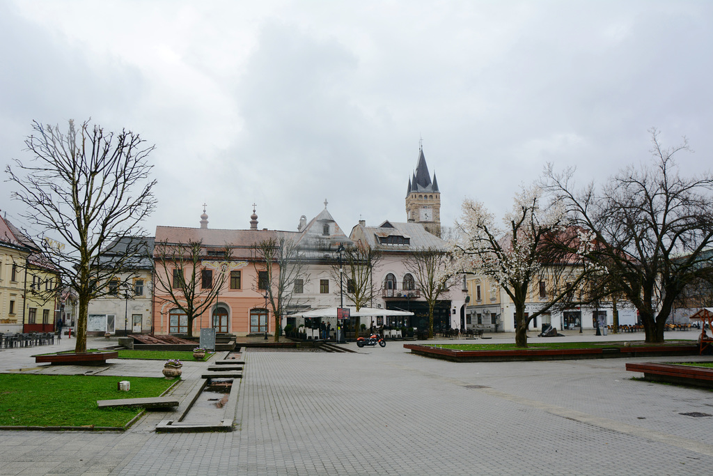 Romania, Baia Mare, The Freedom Square and the Tower of St.Stefan over the Buildings