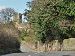 strelley church, notts ; view north along old paved track to c14 tower