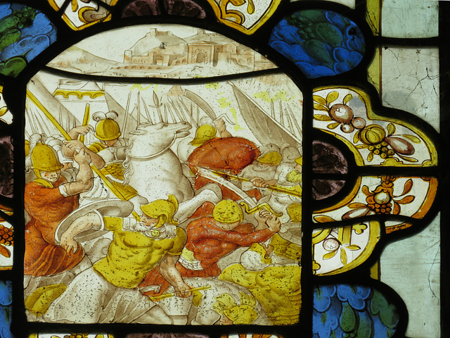 strelley church, notts ; c17 glass with battle scene in front of a city, the frame late c16
