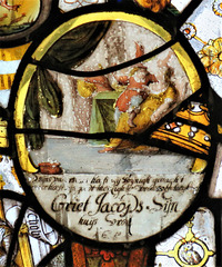 strelley church, notts; c17 northern flemish trade sign glass with tavern scene 1654