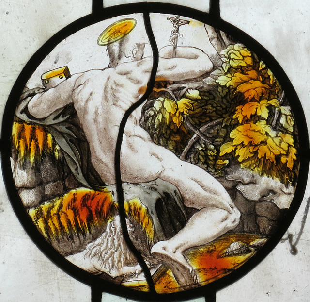 strelley church, notts ; c16 glass roundel of st jerome naked in the wilderness with his lion