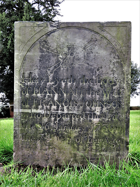strelley church, notts; c18 slate tombstone with skull and bones, of hannah johnson +1736