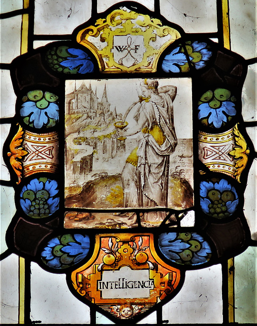 strelley church, notts; c16 glass showing virtue of temperance 1573