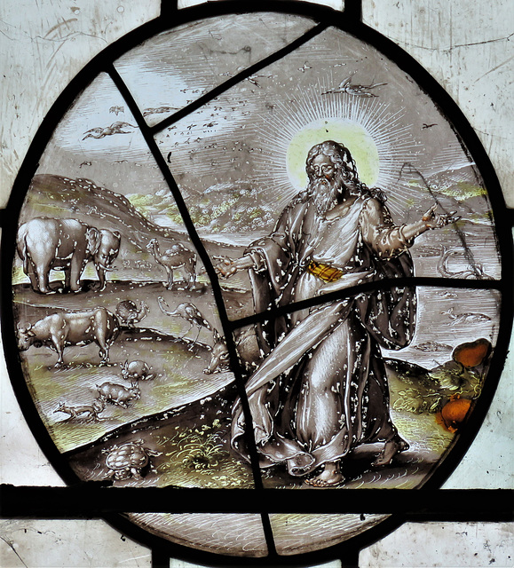 strelley church, notts; c17 flemish glass roundel of god creating the animals