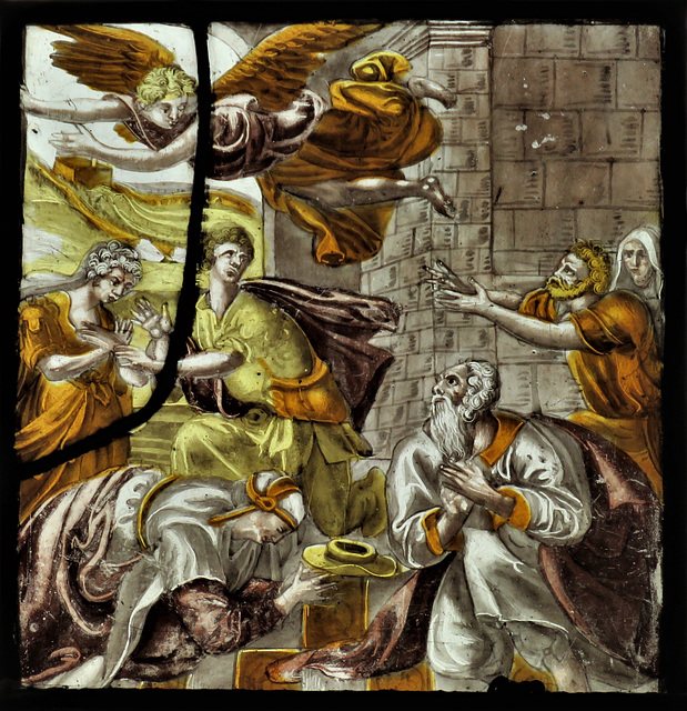 strelley church, notts; c17 glass: angel with 3 men, 3 women
