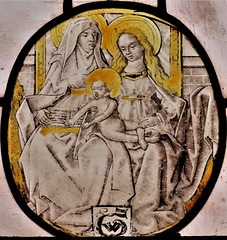 strelley church, notts ; c16 glass roundel of st anne, virgin and child