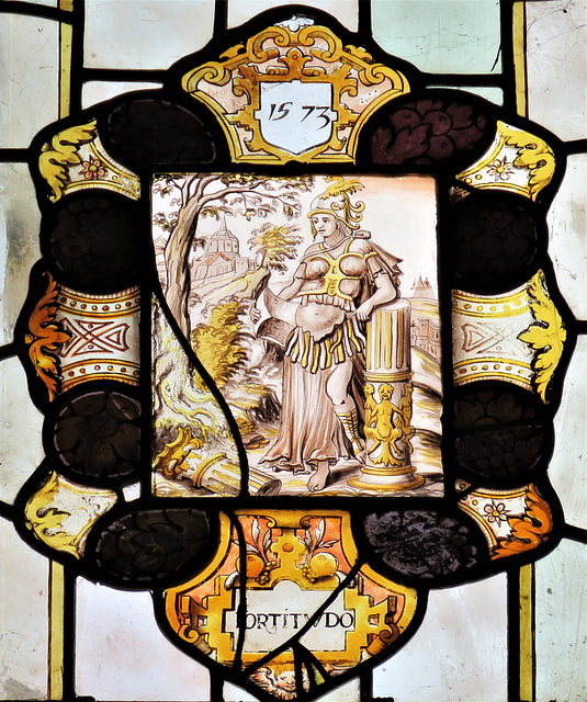 strelley church, notts, c16 glass with virtue of fortitude 1573