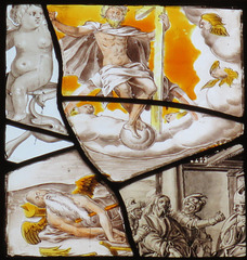 strelley church, notts; c17 glass of christ in majesty overcoming time, with intruding cherub and christ before the high priest