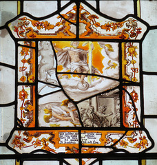 strelley church, notts; c17 glass of christ in majesty overcoming time, with intruding cherub and christ before the high priest