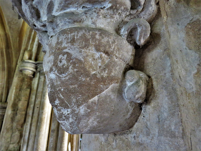 lacock abbey, wilts (73) c13 corbel head with nose and chin bands in chapter house