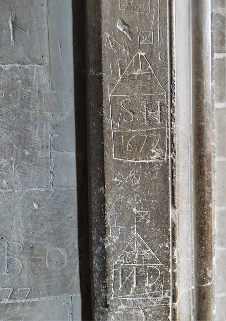 canterbury cathedral (158) c17 graffiti in st adhelm's chapel 1677