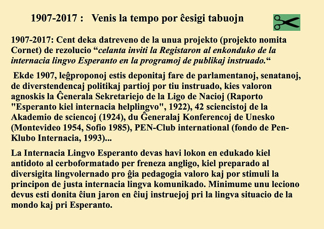 1907-2017 :   Venis la tempo por ĉesigi tabuojn