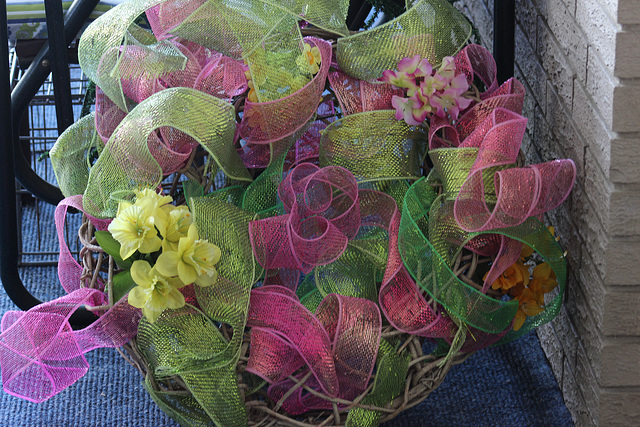 Readying my Spring wreath for front door...:) (can you tell I love my new bright ribbon?)  :))