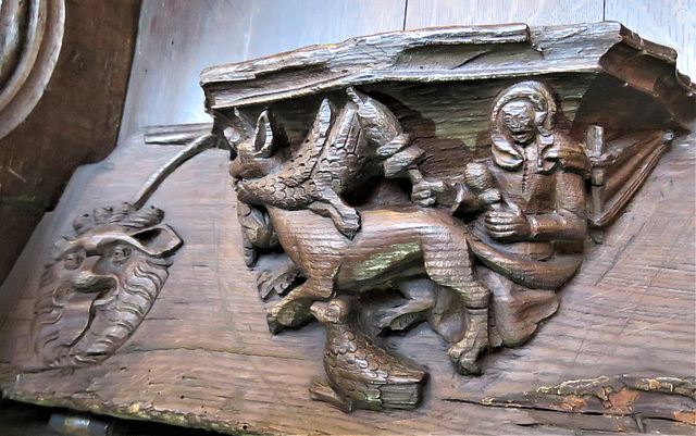 boston church,lincs (97)c14 misericord fox hen woman