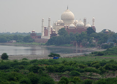 View of the Taj Mahal across the Yamuna River