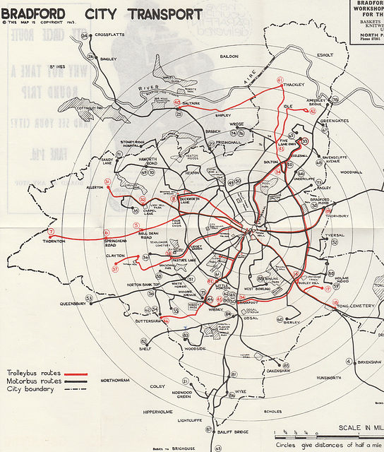 Bradford City Transport route map - November 1963