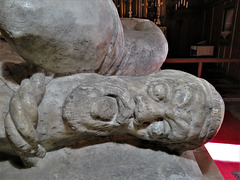 strelley church, notts; c15 tomb of sir sampson de strelley +1395; saracen's head crest on helmet