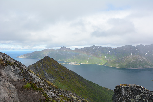 Norway, The Island of Senja, Pale Rainbow over Øyfjorden