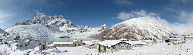 Gokyo Settlement (4790m), Third Gokyo Lake (4750m), Phari Lapche (6017m) and Gokyo-Ri (5357m)