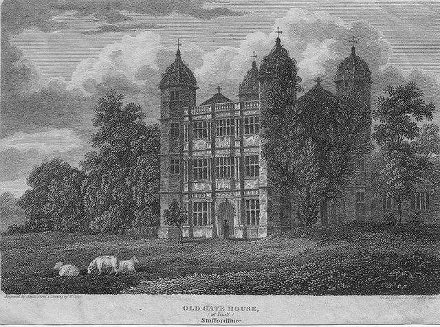 An engraving of Tixall Gatehouse Staffordshire from around 1813