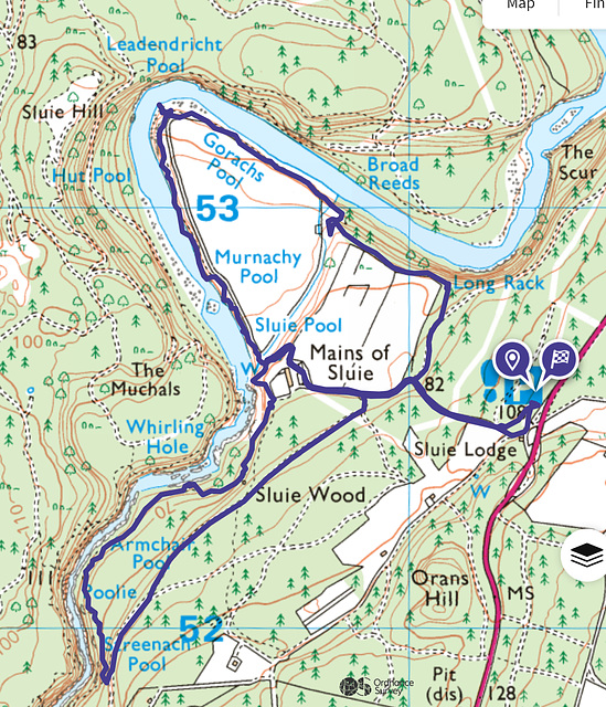 OS Track of the Sluie Loops' Route taken