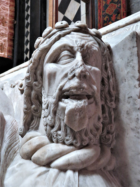 strelley church, notts; saracen's head crest on helmet on c16 tomb of john de strelley +1501