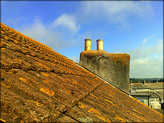 Roof and chimney from my bedroom window, Saint Day. When I stay here I live with lichen!