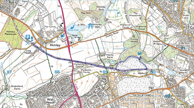 A 3m walk in April 2010 from Himley Plantation, along the South Staffs Railway Walk, around Oak Farm Quarry and return along the Walk.