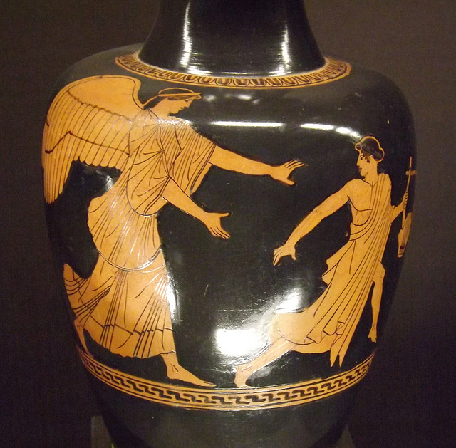 Detail of a Red-Figure Oinochoe by the Achilles Painter with Eos and Tithonus in the Louvre, June 2013