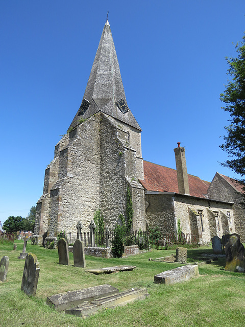 woodchurch church, kent (2)massive buttresses added to the tower beneath the c13 spire, with a tall c19 chimney