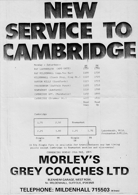 Morley's Grey Cambridge service timetable - 20 May 1985