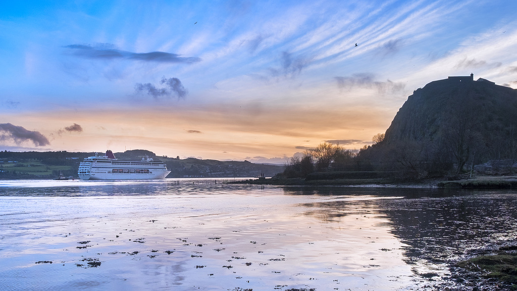 Cruise Ship passing Dumbarton Rock at Sunset