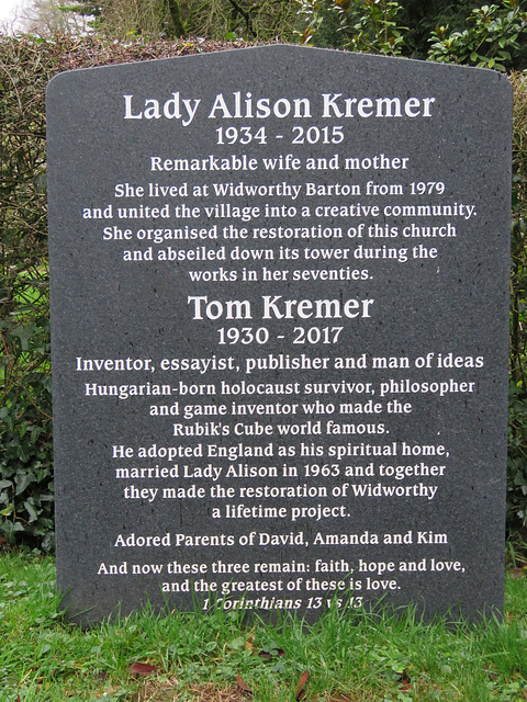 widworthy church, devon c21 tombstone of Alison +2015 and tom kremer +2017